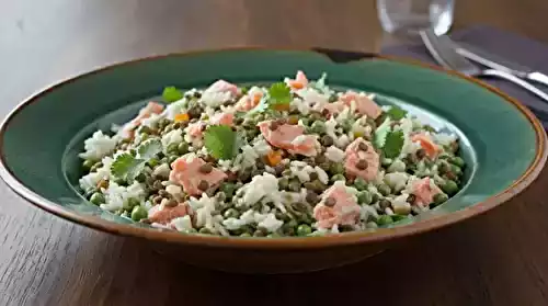 Salade de lentilles vertes, riz basmati et saumon fumé
