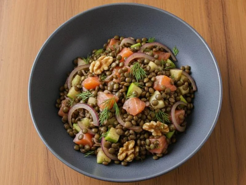 Salade saine de lentilles au saumon fumé et noix