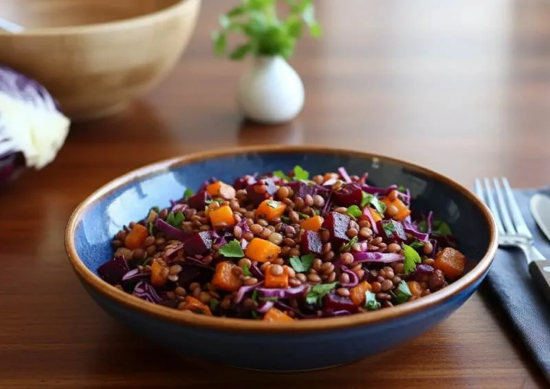 Salade vitaminée betterave, chou rouge, lentilles et persil frais