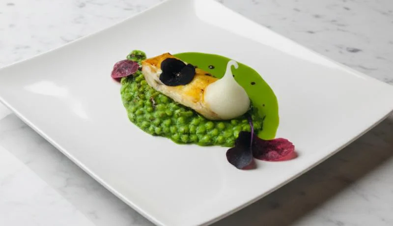 Turbot vapeur, coulis de petits pois à la verveine et au wasabi