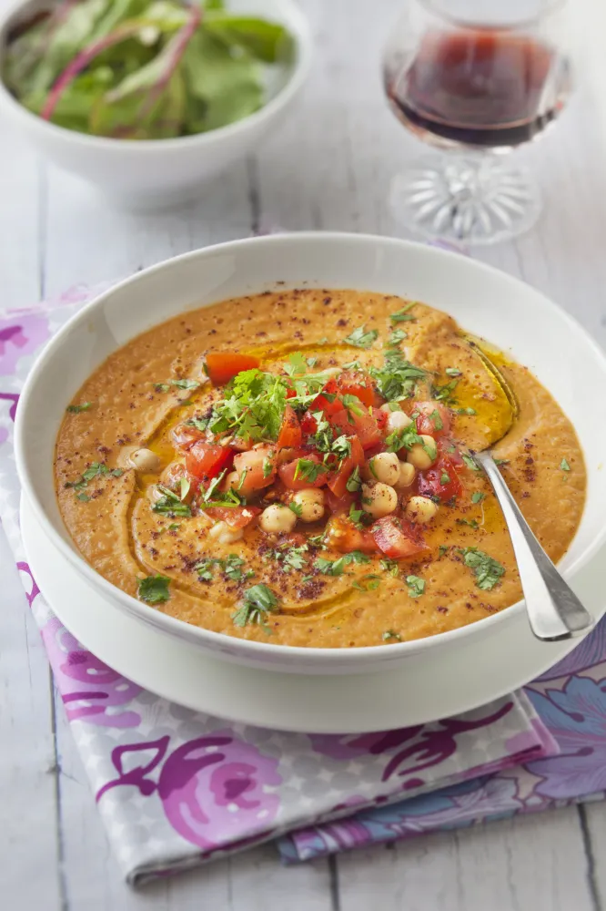 Velouté tomates, lentilles, pois chiches