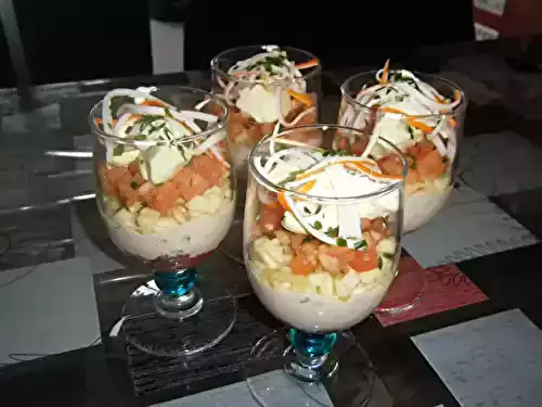 Verrine thon, pomme, tomate et chantilly au safran