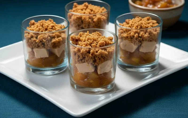 Verrines de foie gras mi-cuit, pommes compotées et pain d'épices croustillant