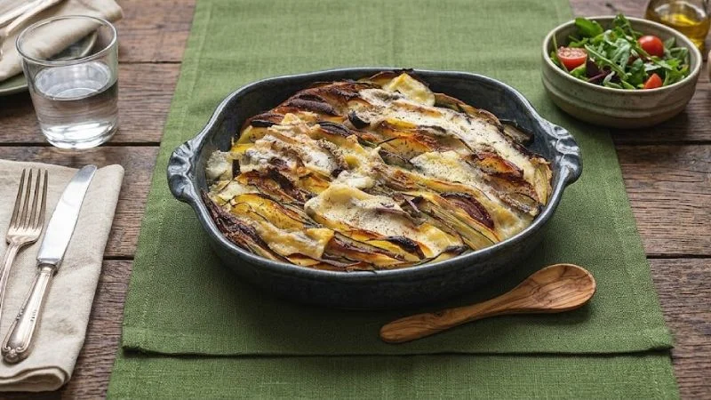 Tian de pommes de terre, courgettes et Morbier