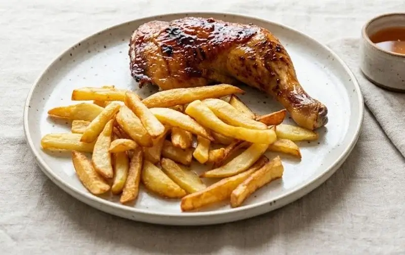 Frites belges maison et poulet sauce miel-moutarde