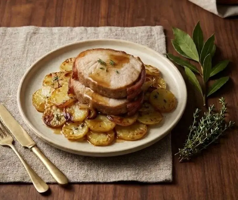 Pommes boulangères au four et rôti de veau tendre