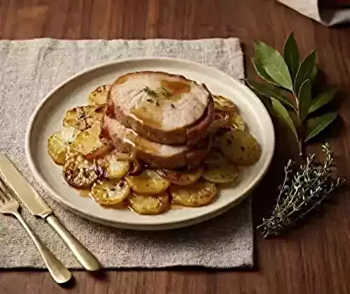 Pommes boulangères au four et rôti de veau tendre