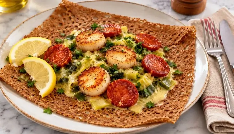 Galette aux noix de Saint-Jacques et fondue de poireaux