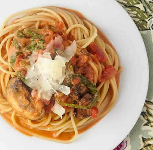 Recette pâtes crémeuses aux tomates champignons et épinards w.w