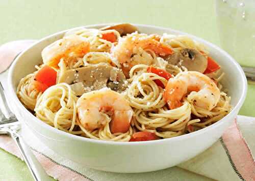 Spaghetti champignons et crevettes au cookeo - recette cookeo.