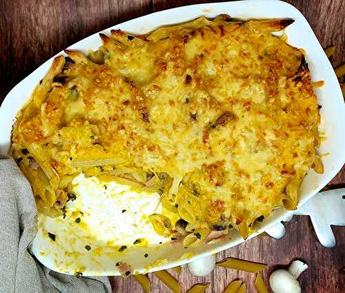 Gratin de pennes aux champignons, sauce potimarron