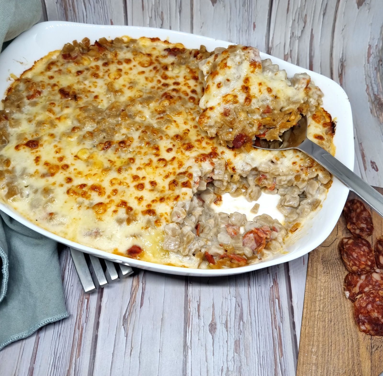 Gratin de crozets au chorizo et comté