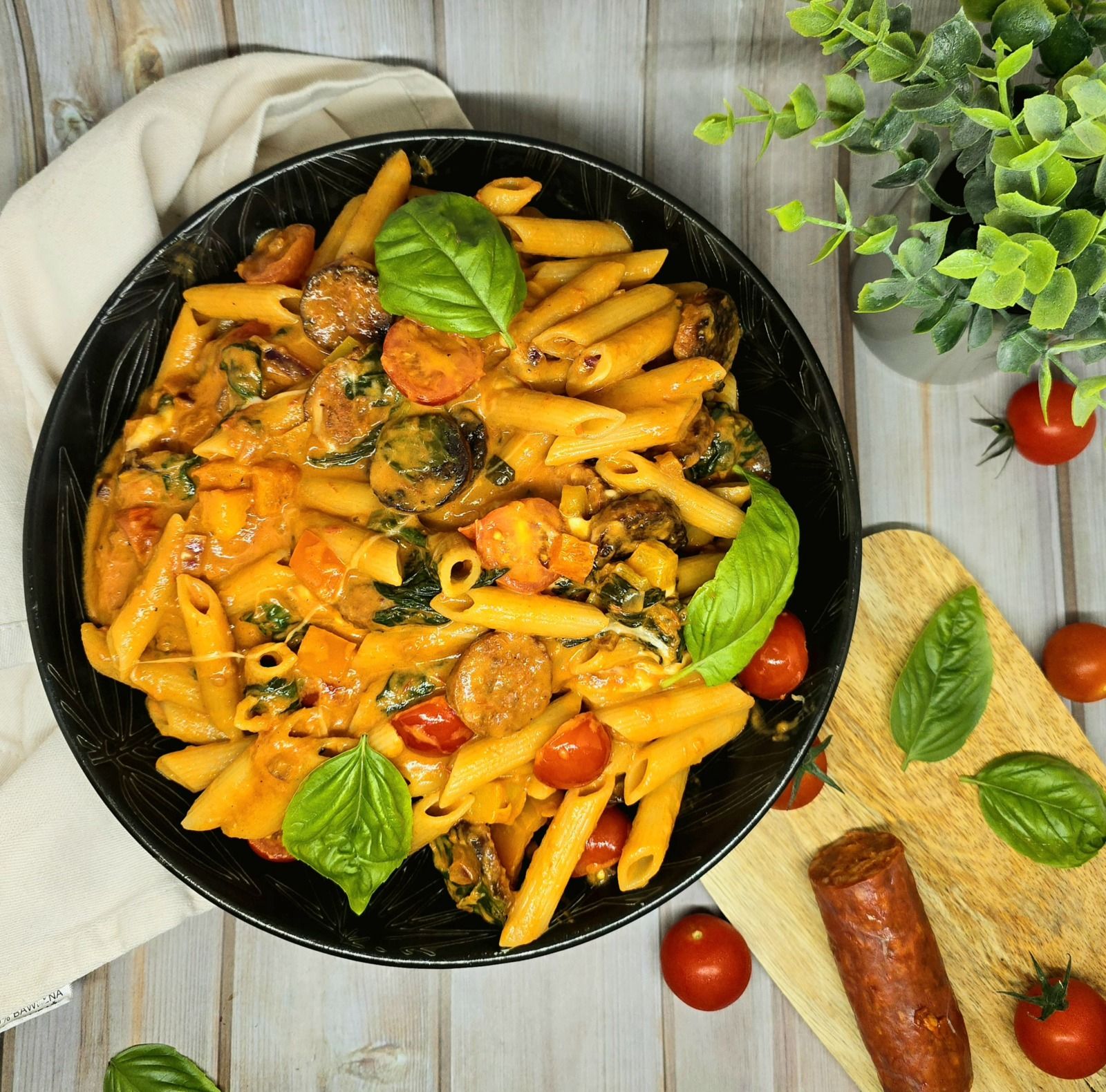 Pennes au chorizo et légumes