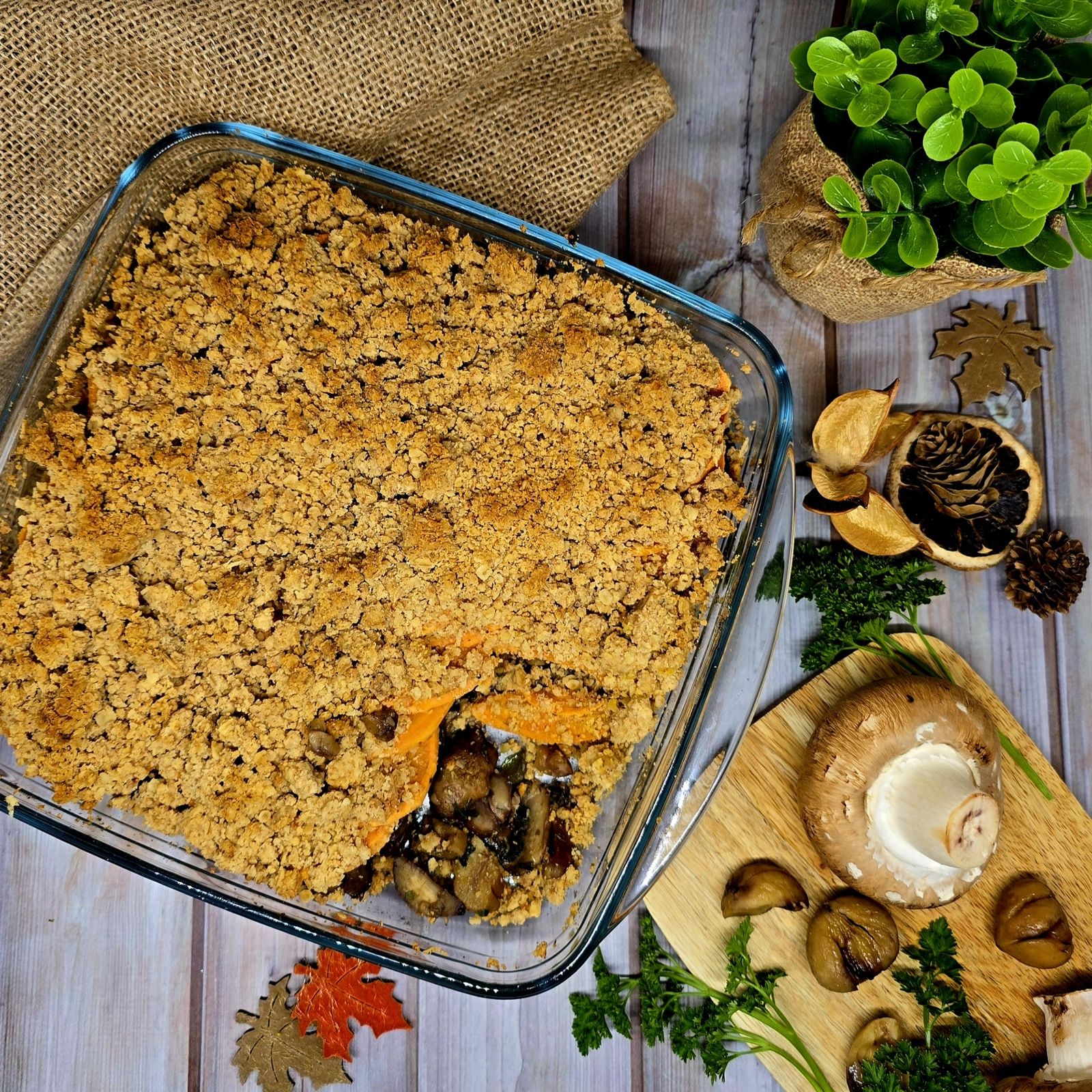 Crumble de champignons, châtaignes et patates douces