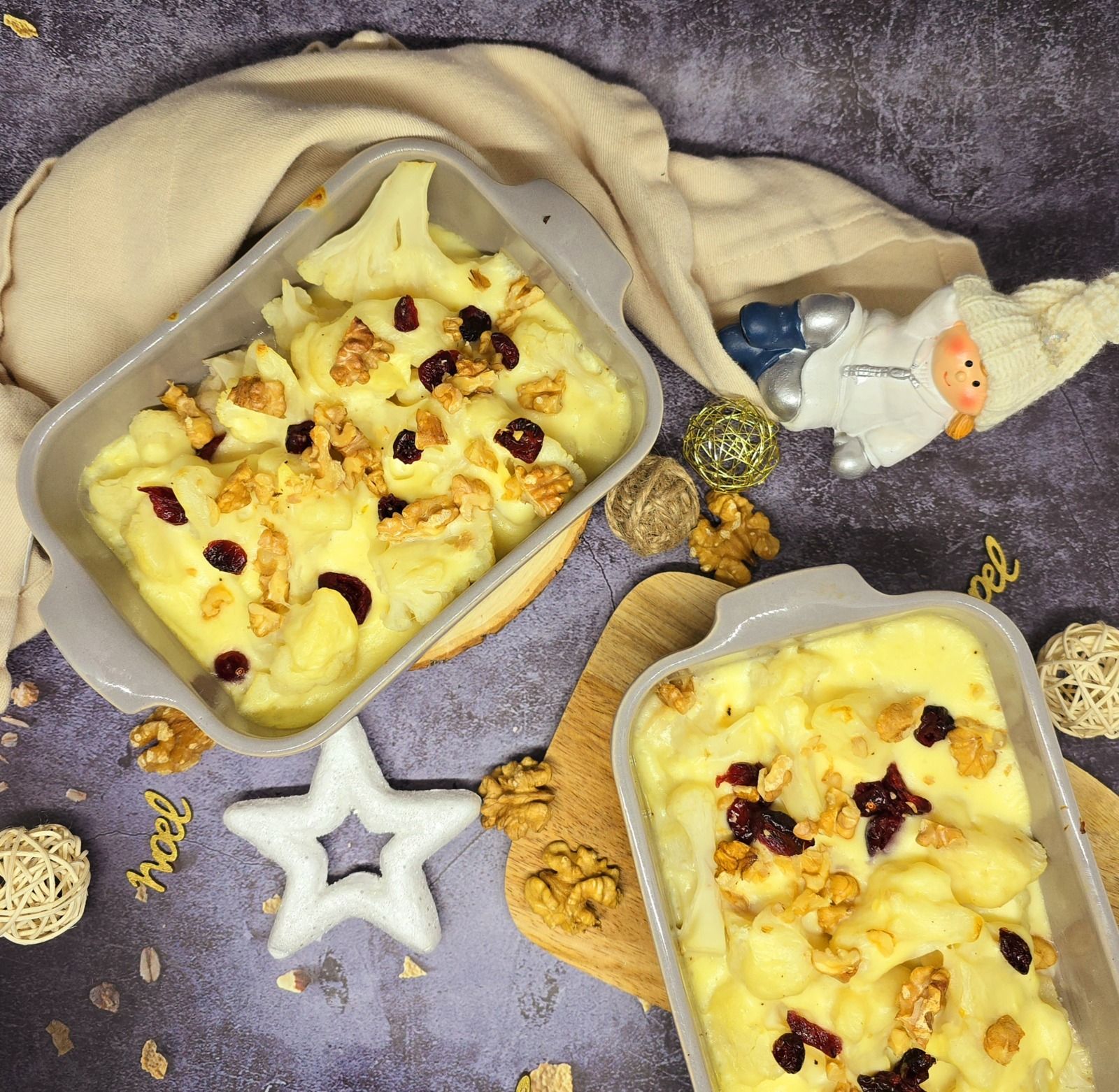 Gratin de chou fleur au brie, cranberries et noix