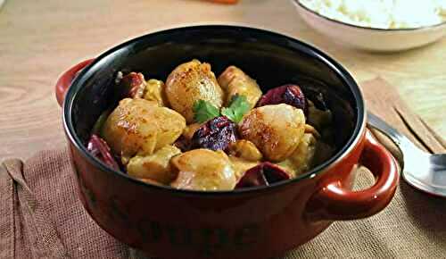 Cassolette de Saint-Jacques, saumon, cabillaud, carottes violettes et safran