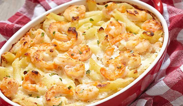 Gratin de pennes crémeuses aux crevettes