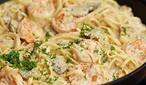 Linguines aux crevettes et champignons sauce crème parmesan à l’ail