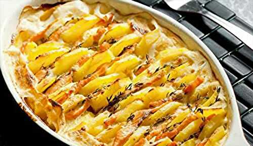 Succulent gratin aux pommes de terre au saumon et à la crème fraîche.