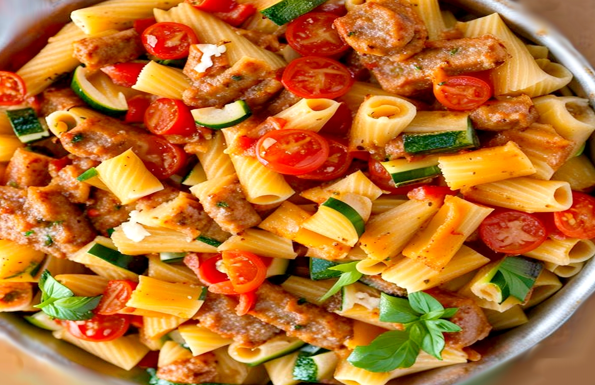 Rigatoni aux saucisses, tomates et courgettes