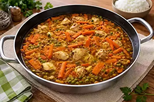 Poulet aux petits pois et aux carottes façon tajine, simple et savoureux