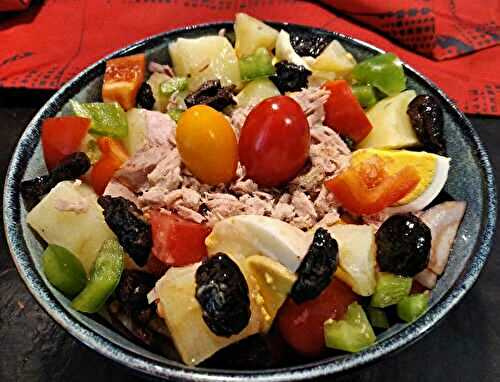Salade pommes de terre aux thon, tomates, poivrons, œufs et olives - Recettes de Papounet
