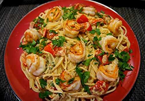 Spaghetti aux crevettes et poivrons - Recettes de Papounet