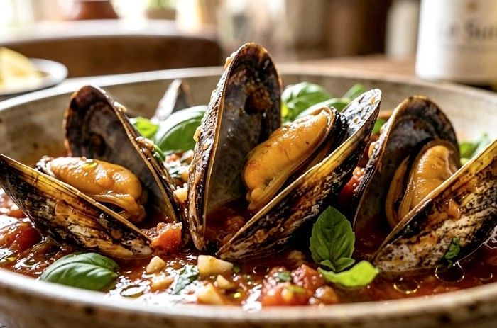 Moules à la sauce tomate et basilic