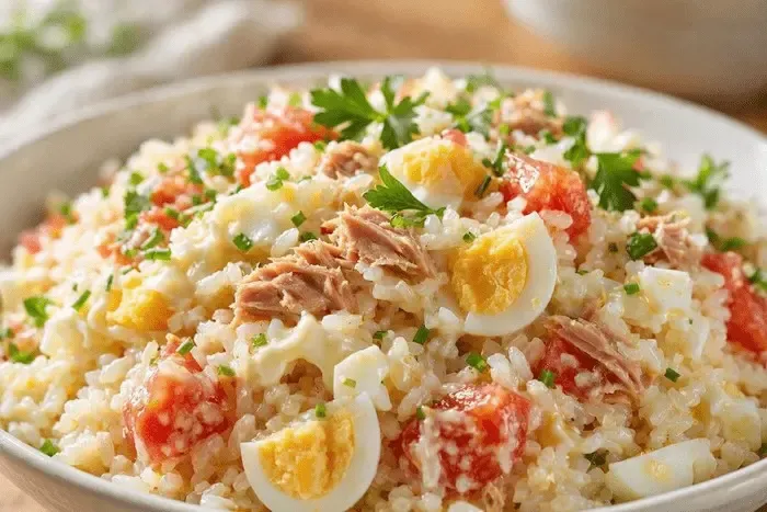 Salade de riz au thon, tomates, œufs, mayonnaise