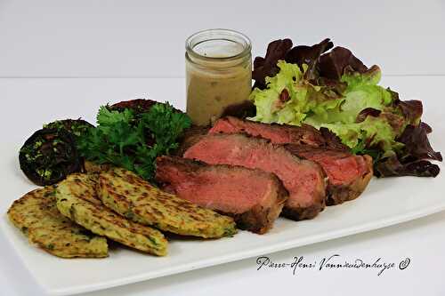 Côte de Boeuf, sauce au poivre, galettes de légumes