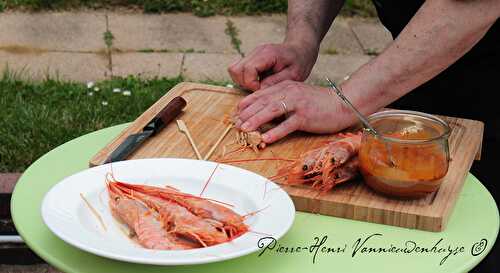 Gambas marinées aux piquillos, gingembre, citron et curry