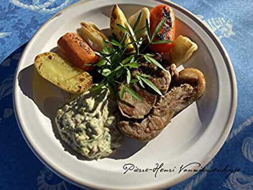 Ma tête de veau toastée à la plancha, légumes au bouillon et sauce gribiche
