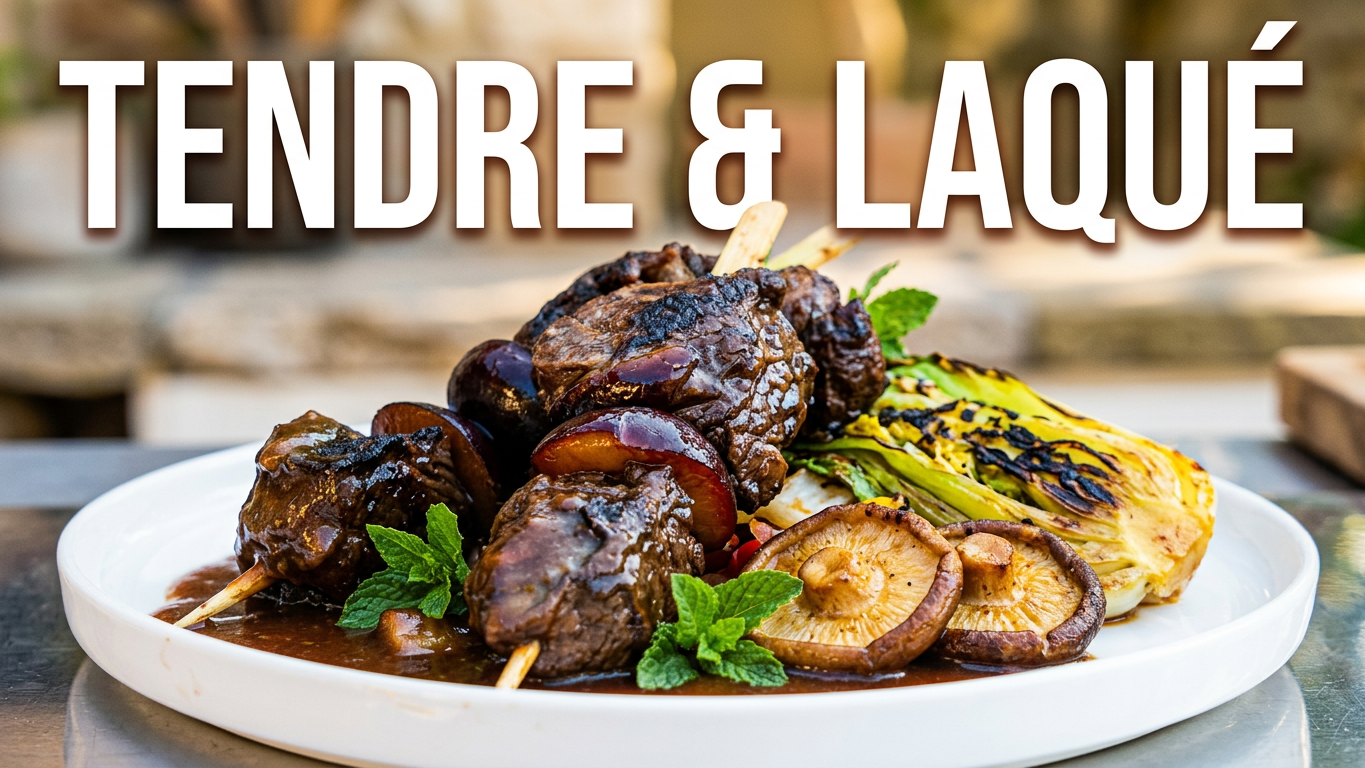 Brochettes d’onglet de bœuf grillées sauce marinade au miso, shiitake et prunes