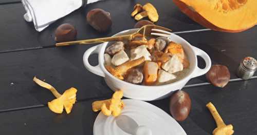 Blanquette de volaille d'automne au potimarron, girolles et châtaignes