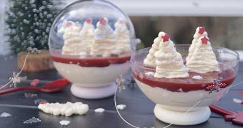 Boule de Noël à la mousse de litchis, coulis de framboise, meringues sapins à la rose