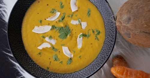 Velouté de patate douce, carottes, poireaux, coco