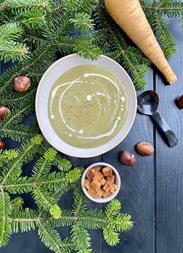 Velouté de panais, châtaignes et chou kale