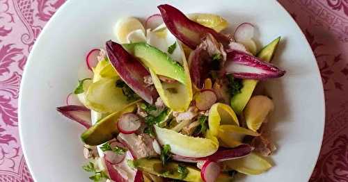 Salade d'endives, cœurs de palmiers, thon, avocat, radis et coriandre 