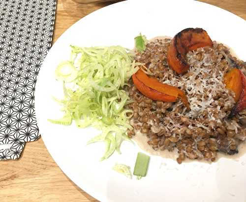 Epeautre façon risotto aux champignons et potimarron rôti, salade de fenouil mariné