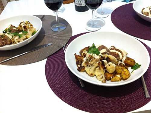 Keftas de boeuf, chou fleur et pommes de terre rôtis aux épices libanaises et sauce au tahini