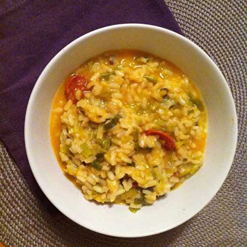 Risotto aux poireaux, chorizo et fromage de brebis