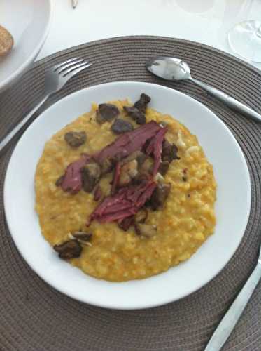 Risotto potiron, cèpes et magret fumé