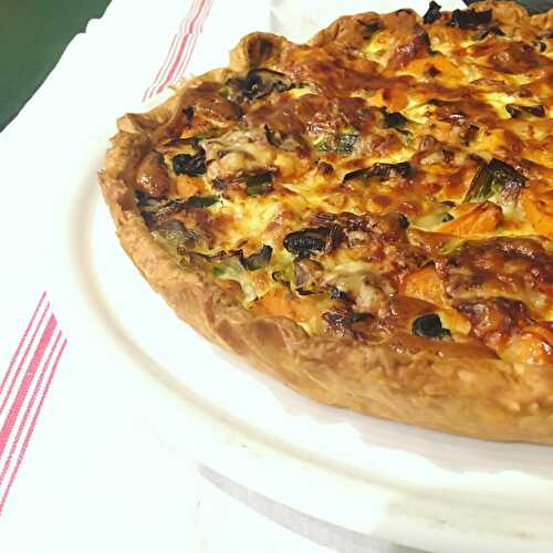 Quiche patate douce, poireaux, champignons et brebis