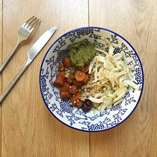 Carottes cumin, harissa et olives violettes, fenouil mariné, chermoula et boulgour