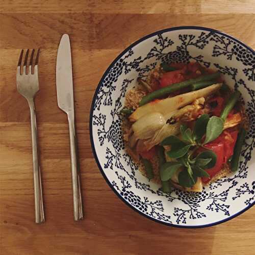 Fenouil et tomates confits, haricots verts et semoule de lentilles et pois chiches