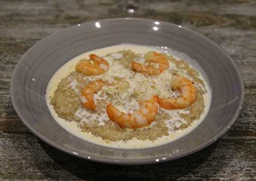 Risotto de riz complet aux crevettes sauce citronnelle, gingembre, échalottes IG bas