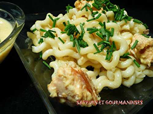 Fusilli lunghi au saumon et sauce safranée.