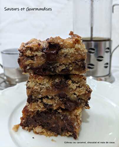    Gâteau aux pépites de chocolat, noix de coco et caramel.