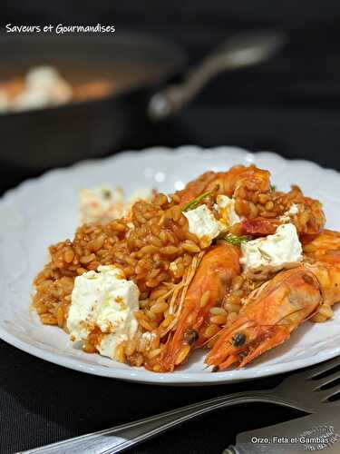 Orzo aux crevettes, tomate et feta marinée. Orzo with Shrimp, Tomato, and Marinated Feta