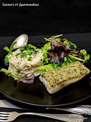 Pavé de lieu Noir en Croûte d’herbes, Risotto aux Pleurotes.